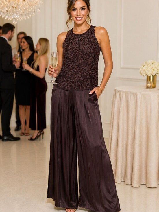 Cache Pants - Rare Cache Brown Formal Set Satin Wide Leg Pants & Top 12 Evening Cocktail 90s